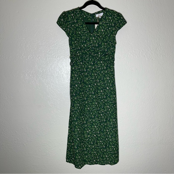 RIHOAS The V Neck Frill Trim Midi Grass Green Dress Sz S NWT - Picture 2 of 6